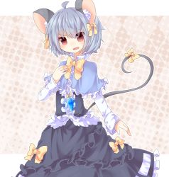 Rule 34 | 1girl, ahoge, animal ears, argyle, argyle background, argyle clothes, bad id, bad pixiv id, bow, capelet, embellished costume, female focus, gem, hair bow, jewelry, koza, kozakura (dictionary), long sleeves, looking at viewer, mouse ears, mouse tail, nazrin, necklace, open mouth, pendant, red eyes, shirt, short hair, silver hair, skirt, skirt set, solo, tail, tail bow, tail ornament, touhou