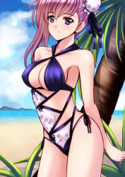 Rule 34 | 1girl, absurdres, against tree, asymmetrical hair, beach, blue eyes, blue one-piece swimsuit, blue ribbon, breasts, casual one-piece swimsuit, cleavage, closed mouth, cloud, collarbone, covered erect nipples, criss-cross halter, day, fate/grand order, fate (series), hair between eyes, hair bun, hair ribbon, halterneck, highres, long hair, medium breasts, miyamoto musashi (fate), miyamoto musashi (fate/grand order), miyamoto musashi (swimsuit berserker) (fate), miyamoto musashi (swimsuit berserker) (third ascension) (fate), ocean, one-piece swimsuit, outdoors, palm tree, pink hair, ribbon, sawwei005, side-tie swimsuit, sideboob, single hair bun, smile, solo, standing, swimsuit, tree