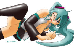 Rule 34 | 1girl, blush, breasts, detached sleeves, green hair, hatsune miku, kit (studio), long hair, no bra, no panties, one eye closed, open clothes, open shirt, pussy, shirt, solo, thighhighs, twintails, vocaloid, wink