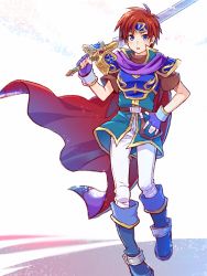 Rule 34 | 1boy, armor, blue armor, blue eyes, boots, breastplate, cape, fingerless gloves, fire emblem, fire emblem: the binding blade, gloves, headband, holding, holding sword, holding weapon, looking at viewer, male focus, nintendo, pauldrons, red hair, roy (fire emblem), shoulder armor, solo, spiked hair, sword, weapon