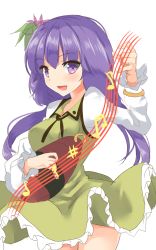 Rule 34 | 1girl, beamed eighth notes, biwa lute, blush, dress, eighth note, flower, frills, fujiko (emnprmn), green dress, hair between eyes, hair flower, hair ornament, highres, instrument, light purple hair, long hair, long sleeves, looking at viewer, low twintails, lute (instrument), music, musical note, open mouth, playing instrument, purple eyes, simple background, smile, solo, touhou, tsukumo benben, twintails, white background
