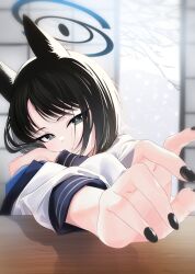 Rule 34 | 1girl, animal ears, backlighting, bare tree, black eyes, black hair, black nails, blue archive, blurry, blurry background, bright pupils, cat ears, closed mouth, commentary, expressionless, foreshortening, halo, head rest, head tilt, highres, indoors, kazu (kauk3753), kikyou (blue archive), light blush, long sleeves, looking at viewer, medium hair, nail polish, reaching, reaching towards viewer, school uniform, shirt, snowing, solo, tree, tsurime, upper body, white pupils, white shirt, winter