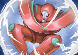 Rule 34 | absurdres, alternate form, black sclera, colored sclera, commentary, commentary request, creatures (company), crossed arms, curled up, deoxys, deoxys (defense), energy, game freak, gen 3 pokemon, highres, matsumoto (ma tsuya), mythical pokemon, nintendo, no humans, pokemon, pokemon (creature), white eyes