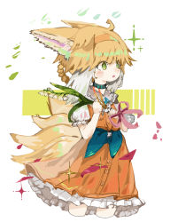 Rule 34 | 1girl, ahoge, animal ears, arknights, blonde hair, braid, braided hair rings, commentary, cropped legs, dress, flower, fox ears, fox girl, fox tail, frilled dress, frills, green eyes, hair rings, hairband, hands up, highres, holding, infection monitor (arknights), kitsune, lily of the valley, looking away, multicolored hair, orange dress, orange hairband, parted lips, puffy short sleeves, puffy sleeves, ryu (17569823), short sleeves, sleeveless, sleeveless dress, solo, suzuran (arknights), suzuran (let&#039;s carnival!) (arknights), symbol-only commentary, tail, two-tone hair, white background, white flower, white hair