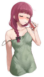 Rule 34 | 1girl, alcohol carton, black bow, blush, bocchi the rock!, bow, braid, closed eyes, covered erect nipples, covered navel, cowboy shot, cropped legs, desperate airpo, dress, drinking, drinking straw, green dress, hair bow, hair over shoulder, highres, hiroi kikuri, holding carton, long hair, purple hair, simple background, single braid, solo, strap slip, white background