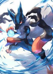 Rule 34 | 1other, absurdres, commentary request, creatures (company), energy ball, game freak, gen 4 pokemon, highres, legs apart, lucario, mega lucario, mega pokemon, nintendo, pokemon, pokemon (creature), red eyes, ririri (user rkrv7838), solo, spikes, standing, toes, white background