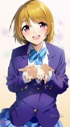 Rule 34 | 1girl, :d, blue bow, blue bowtie, blue jacket, blue skirt, bow, bowtie, brown hair, collared shirt, floral background, highres, jacket, koizumi hanayo, long sleeves, looking at viewer, love live!, love live! school idol project, nakano maru, open hands, open mouth, otonokizaka school uniform, plaid, plaid skirt, pleated skirt, purple eyes, school uniform, shirt, short hair, skirt, smile, solo, standing, striped bow, striped bowtie, striped clothes, tail, twitter username, white shirt, wing collar