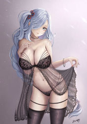 Rule 34 | 1girl, absurdres, babydoll, bare shoulders, black babydoll, black bra, black choker, black panties, black thighhighs, bra, breasts, choker, collarbone, contrapposto, genshin impact, grey eyes, hair over one eye, hand up, highres, large breasts, lingerie, looking at viewer, nail polish, navel, nori chazuke, one side up, panties, parted lips, pink nails, shenhe (genshin impact), signature, skirt hold, solo, stomach, thigh strap, thighhighs, underwear, underwear only, white hair