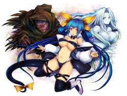 Rule 34 | 1girl, :o, arc system works, bare shoulders, blue hair, boots, bow, breasts, cleavage, dizzy (guilty gear), guilty gear, hair bow, kara (color), large breasts, long hair, navel, necro (guilty gear), open mouth, red eyes, tail, thighhighs, undine (guilty gear), very long hair