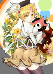 Rule 34 | 10s, 1girl, ass, beret, black thighhighs, blonde hair, blush, charlotte (madoka magica), detached sleeves, drill hair, fingerless gloves, flower, gloves, hair ornament, hat, magical girl, mahou shoujo madoka magica, mahou shoujo madoka magica (anime), mikazuki akira!, striped clothes, striped thighhighs, thighhighs, tomoe mami, twin drills, twintails, vertical-striped clothes, vertical-striped thighhighs, yellow eyes, zettai ryouiki
