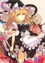 Rule 34 | 1girl, apron, blonde hair, bow, braid, floral print, flower, frog, hair bow, hand fan, hat, hat bow, kirisame marisa, paper fan, rain lan, side braid, solo, spider lily, spider lily print, touhou, uchiwa, witch hat, yellow eyes