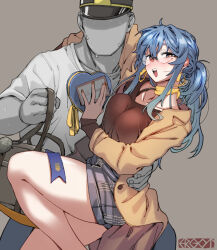 Rule 34 | 1boy, 1girl, admiral (kancolle), arm around waist, black shirt, blue hair, blush, box, breast press, breasts, brown coat, cleavage, coat, ergot, faceless, faceless male, glasses, gotland (kancolle), hand on another&#039;s hip, hat, heart-shaped box, kantai collection, large breasts, leg up, light brown background, long hair, looking at viewer, low ponytail, official alternate costume, official alternate hairstyle, open clothes, open coat, open mouth, peaked cap, shirt, smile, sweat, sweatdrop, t-shirt, thighs, valentine, white shirt