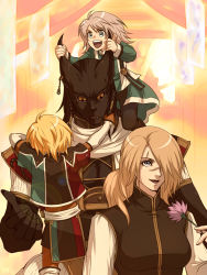 Rule 34 | 1girl, 3boys, animal ears, armor, bad id, bad pixiv id, blonde hair, braid, carrying, cat ears, child, climbing, david nassau, earrings, emma honeywell, flower, furry, furry male, grabbing another&#039;s ear, grabbing another&#039;s hair, grin, hair over one eye, hand on another&#039;s ear, hataka nohito, jewelry, long sleeves, looking away, male focus, mature female, mother and daughter, multiple boys, pants, ponytail, sash, scar, scarf, short hair, shoulder carry, silver hair, single earring, size difference, smile, the last remnant, torgal, twin braids