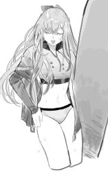Rule 34 | 1girl, absurdres, ak-12 (girls&#039; frontline), bikini, bikini bottom only, closed eyes, commentary, cowboy shot, cropped jacket, english commentary, girls&#039; frontline, highres, holding, holding surfboard, izaru 31, jacket, long hair, long sleeves, open mouth, simple background, solo, surfboard, swimsuit, white background