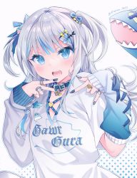 Rule 34 | 1girl, alternate costume, arm warmers, asymmetrical sleeves, blue eyes, blue hair, blue nails, bow, casual, choker, collarbone, cpqm, english text, gawr gura, hair bow, highres, hololive, hololive english, jewelry, multicolored hair, nail art, nail polish, piercing, ring, sharp teeth, silver hair, solo, streaked hair, teeth, tongue piercing, two side up, upper body, v, virtual youtuber, white background