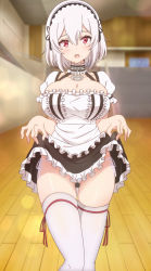 Rule 34 | 1girl, azur lane, blush, breasts, cleavage, clothes lift, duplicate, highres, huge breasts, large breasts, legs, legs together, looking at viewer, maid, maid headdress, miniskirt, open mouth, panties, pantyshot, red eyes, short hair, side-tie panties, silver hair, sirius (azur lane), skirt, skirt lift, solo, standing, thick thighs, thigh gap, thighhighs, thighs, underwear, white panties, white thighhighs