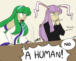 Rule 34 | 2girls, animal ears, blouse, breasts, chair, detached sleeves, english text, frog hair ornament, green eyes, hair ornament, hair tubes, hairband, kochiya sanae, large breasts, long hair, multiple girls, parody, purple hair, rabbit ears, red eyes, reisen udongein inaba, robin (unlimited world), shirt, snake hair ornament, table, touhou, very long hair