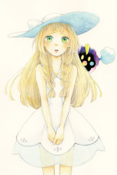 Rule 34 | 1girl, bare shoulders, beige background, blonde hair, blunt bangs, braid, collared dress, commentary request, cosmog, cowboy shot, creatures (company), dress, flat chest, game freak, gen 7 pokemon, green eyes, hat, hat ribbon, highres, legendary pokemon, lillie (pokemon), long hair, looking at viewer, nintendo, open mouth, own hands together, painting (medium), pokemon, pokemon (creature), pokemon sm, ribbon, see-through, sidelocks, simple background, sleeveless, sleeveless dress, standing, sun hat, sundress, traditional media, twin braids, wanimi, watercolor (medium), white dress, white hat, white ribbon