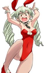 Rule 34 | 10s, 1girl, alternate costume, anchovy (girls und panzer), animal ears, aono3, arms up, ascot, bad anatomy, breasts, cleavage, cowboy shot, detached collar, drill hair, fake animal ears, fishnet pantyhose, fishnets, girls und panzer, green hair, highres, leg up, leotard, long hair, looking at viewer, medium breasts, open mouth, pantyhose, playboy bunny, rabbit ears, red eyes, red footwear, red leotard, shoes, simple background, smile, solo, standing, standing on one leg, strapless, strapless leotard, twin drills, twintails, white background, wrist cuffs