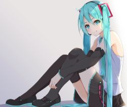 Rule 34 | 1girl, :p, aqua eyes, aqua hair, aqua necktie, bad id, bad twitter id, bare shoulders, black skirt, black thighhighs, blush, commentary, detached sleeves, divergenceok, from side, full body, hair ornament, hand on legs, hatsune miku, headphones, headset, knees up, light blush, long hair, looking at viewer, microphone, necktie, on floor, shirt, sitting, skirt, sleeveless, sleeveless shirt, smile, solo, thighhighs, tongue, tongue out, twintails, very long hair, vocaloid, white shirt, zettai ryouiki