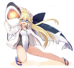 Rule 34 | 1girl, blonde hair, blue eyes, breasts, competition swimsuit, fate/grand order, fate (series), glasses, jacket, jeanne d&#039;arc (fate), jeanne d&#039;arc (ruler) (fate), jeanne d&#039;arc (swimsuit archer) (fate), jeanne d&#039;arc (swimsuit archer) (second ascension) (fate), long hair, looking at viewer, medium breasts, one-piece swimsuit, open clothes, open jacket, ponytail, red-framed eyewear, sandals, sen (astronomy), shark, simple background, solo, swimsuit, twintails, whistle, whistle around neck, white background, white jacket, white one-piece swimsuit