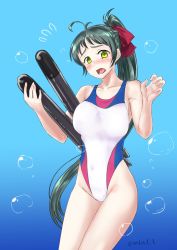 Rule 34 | 1girl, air bubble, blue background, blush, bubble, competition swimsuit, cowboy shot, gradient background, green hair, highleg, highleg swimsuit, highres, irako (kancolle), kantai collection, long hair, looking at viewer, mrdotd, one-hour drawing challenge, one-piece swimsuit, open mouth, ponytail, solo, surprised, swimsuit, torpedo, twitter username, underwater, white one-piece swimsuit, yellow eyes