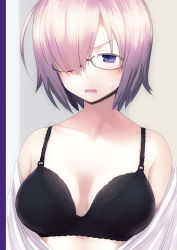 Rule 34 | 1girl, annoyed, black bra, bra, breasts, collarbone, dress shirt, fate/grand order, fate (series), glasses, hair over one eye, highres, mash kyrielight, medium breasts, off shoulder, open clothes, open mouth, purple eyes, purple hair, puyo (puyotopia), shirt, short hair, solo, sweatdrop, underwear, undressing