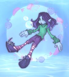 Rule 34 | 1girl, blue skin, boots, colored skin, highres, jellyfish, monster girl, ruby gillman: teenage kraken, ruby gillman (character), shorts, squid girl, striped clothes, striped thighhighs, sweater, thighhighs, underwater