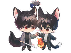Rule 34 | 2boys, animal ears, black footwear, black gloves, black hair, black pants, brothers, cat boy, cat ears, cat tail, chibi, closed mouth, commentary request, fingerless gloves, full body, gloves, grey jacket, grey shirt, han yoohyun, han yoojin, holding, holding sword, holding weapon, iooru03, jacket, kemonomimi mode, korean commentary, long sleeves, looking at another, male focus, manticore (mythology), multiple boys, naega kiun s geubdeul, open mouth, pants, peace (naega kiun s geubdeul), red eyes, shirt, shoes, short hair, siblings, simple background, smile, standing, sword, tail, weapon, white background