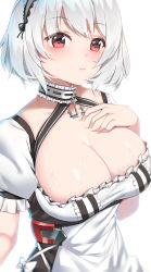 Rule 34 | 1girl, absurdres, anchor choker, azur lane, black dress, blush, bow, breasts, choker, cleavage, closed mouth, deep skin, dress, frilled choker, frilled sleeves, frills, hair intakes, hairband, hand on own chest, highres, lace-trimmed hairband, lace trim, large breasts, lips, looking to the side, lux (dera ix), puffy short sleeves, puffy sleeves, red eyes, shiny skin, short hair, short sleeves, simple background, sirius (azur lane), solo, sweat, two-tone dress, upper body, white bow, white dress, white frills, white hair