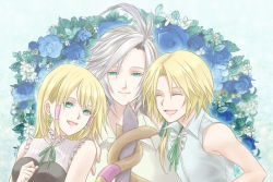 Rule 34 | 1girl, blonde hair, closed mouth, commentary request, dress, earrings, final fantasy, final fantasy ix, flower, green eyes, ironeden noel, jewelry, kuja, long hair, mikoto (ff9), multiple boys, open mouth, ponytail, short hair, smile, tail, zidane tribal