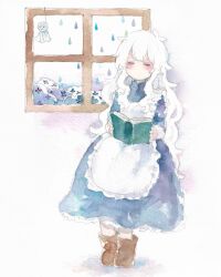 Rule 34 | 1girl, apron, blue dress, blush, book, boots, brown footwear, bush, closed eyes, collared dress, commentary request, day, double-parted bangs, dress, eyelashes, facing down, flower, frilled apron, frilled dress, frills, full body, highres, holding, holding book, indoors, kagerou project, kozakura marry, long hair, long sleeves, mekakucity actors, muntins, no mouth, open book, painting (medium), rain, sakusakusakuran, sleeve cuffs, solo, standing, teruterubouzu, traditional media, very long hair, water drop, watercolor (medium), wavy hair, white apron, white background, white hair, window
