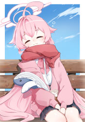 Rule 34 | 1girl, azisai, bench, blue archive, blue sky, blush, closed eyes, closed mouth, cloud, enpera, halo, highres, holding, holding stuffed toy, hoshino (blue archive), jacket, light blush, long hair, on bench, open clothes, open jacket, pink hair, pink halo, pink jacket, red scarf, scarf, shirt, sitting, skirt, sky, sleeping, sleeping upright, smile, stuffed animal, stuffed toy, very long hair, white shirt