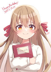 Rule 34 | 1girl, absurdres, ao (flowerclasse), blush, bow, braid, brown hair, closed mouth, commentary request, dated, hair between eyes, hair bow, happy birthday, highres, long sleeves, looking at viewer, minagi koharu, hugging object, photo album, puffy long sleeves, puffy sleeves, red bow, red eyes, shirt, simple background, slow loop, smile, solo, two side up, upper body, white background, white shirt
