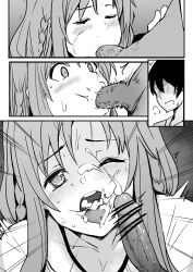 Rule 34 | 1boy, 1girl, ;o, asuna (sao), bar censor, blush, braid, censored, comic, cum, cum in mouth, ejaculation, facial, greyscale, grin, h2o (ddks2923), highres, kirito, long hair, looking at viewer, monochrome, one eye closed, penis, small penis, smile, sword art online, teeth, tongue, tongue out, upper teeth only, veins, veiny penis
