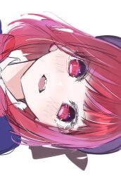 Rule 34 | 1girl, absurdres, arima kana, blue headwear, blush, bow, collared shirt, commentary, highres, nept o, open mouth, oshi no ko, pink bow, red eyes, red hair, school uniform, shirt, short hair, sideways, simple background, solo, teeth, white background