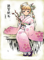 Rule 34 | 00s, 1girl, 2008, arika yumemiya, blush, calpara, cherry blossom print, dot nose, facing viewer, floral print, full body, gradient background, happy new year, highres, japanese clothes, kimono, looking at viewer, my-otome, new year, obi, pink kimono, sash, simple background, sitting, smile, solo, source request, tabi, translated, white legwear