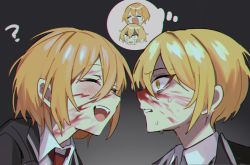Rule 34 | 1boy, 1girl, ?, black jacket, blonde hair, blood, blood on face, blush, don quixote (project moon), closed eyes, highres, jacket, limbus company, mu46016419, necktie, open mouth, orange hair, project moon, red necktie, shaded face, shirt, sinclair (project moon), smile, teeth, white shirt