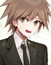 Rule 34 | 16 (0xhsk16), 1boy, ahoge, blush, brown hair, brown jacket, collared shirt, commentary request, danganronpa: trigger happy havoc, danganronpa (series), face, green eyes, jacket, looking at viewer, male focus, naegi makoto, necktie, open mouth, shirt, short hair, smile, solo, striped, sweat, white shirt