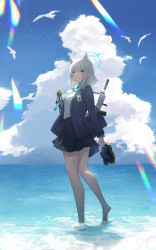 Rule 34 | 1girl, absurdres, animal ear fluff, assault rifle, bag, bare legs, barefoot, beach, blue archive, blue eyes, blue scarf, cloud, cross hair ornament, feet in water, gloves, grey hair, gun, hair ornament, halo, highres, holding, holding shoes, long sleeves, looking at viewer, mismatched pupils, ocean, plaid, plaid skirt, pleated skirt, rifle, sagiri (ulpha220), scarf, school bag, school uniform, shiroko (blue archive), shoes, unworn shoes, sig sauer 556, signature, single glove, skirt, sky, solo, summer, weapon