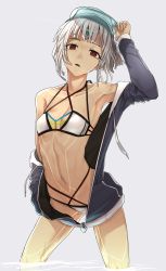Rule 34 | altera (fate), bare shoulders, bikini, bikini under clothes, breasts, collarbone, commentary request, dark-skinned female, dark skin, fate/grand order, fate (series), grey background, hat, headpiece, highres, hood, hooded jacket, i-pan, jacket, navel, off shoulder, open clothes, open jacket, open mouth, red eyes, revision, short hair, simple background, small breasts, solo, swimsuit, tattoo, unzipped, wading, water, wet, white bikini, white hair