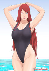 Rule 34 | 1girl, arms up, beach, female focus, hair ornament, hairpin, highleg, highleg swimsuit, highres, lips, lipstick, long hair, makeup, mature female, naruto (series), one-piece swimsuit, raikageart, red hair, swimsuit, thick thighs, thighs, uzumaki kushina