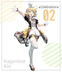 Rule 34 | 1girl, :d, arm up, black footwear, blonde hair, blush, character name, diagonal stripes, full body, gloves, green eyes, hair ornament, hair ribbon, hairclip, highres, kagamine rin, open mouth, outstretched arm, puffy short sleeves, puffy sleeves, ribbon, saihate (d3), shoes, short sleeves, skindentation, smile, solo, standing, standing on one leg, star (symbol), striped, striped background, swept bangs, thighhighs, vocaloid, white background, white gloves, white ribbon, white thighhighs