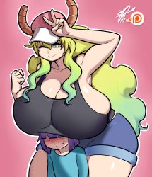 Rule 34 | 1boy, 1girl, absurdres, baseball cap, blonde hair, blush, breast rest, breasts, breasts on head, curvy, dragon horns, gigantic breasts, gradient hair, green hair, hand on head, hat, height difference, highres, horns, kobayashi-san chi no maidragon, lucoa (maidragon), magatsuchi shouta, multicolored hair, one eye closed, pink background, purple hair, short hair, shorts, simple background, size difference, smile, tank top, v, wide hips, yellow eyes