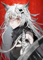 Rule 34 | 1girl, animal ears, arknights, black nails, closed mouth, fingernails, foreshortening, from side, hair ornament, hairclip, holding, holding sword, holding weapon, lappland (arknights), looking at viewer, nail polish, neko (ganecooo), red background, solo, sword, weapon, white hair, wide-eyed, yellow eyes