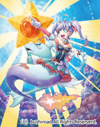 Rule 34 | 1girl, aqua eyes, bow, bowtie, cardfight!! vanguard, chouchou sasha, company name, coral, crying, dolphin, fangs, fish, gloves, heart, long hair, mermaid, monster girl, munaage, official art, open mouth, purple hair, shark, sparkle, star (symbol), teeth, twintails, underwater
