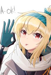 Rule 34 | 1girl, blonde hair, bow, gamryous, girls&#039; frontline, gloves, green bow, green headwear, hair bow, hair ribbon, highres, looking at viewer, multicolored clothes, multicolored gloves, ok sign, red eyes, ribbon, russian flag, scarf, smile, solo, sv-98 (girls&#039; frontline), sv-98 (mod3) (girls&#039; frontline), tongue, turtleneck, white scarf