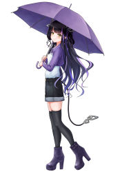 Rule 34 | 1girl, nanashi inc., absurdres, alternate costume, black hair, black shorts, black thighhighs, blunt bangs, blush, breasts, closed mouth, commentary request, cropped jacket, demon girl, demon horns, demon tail, full body, high heels, highres, holding, holding umbrella, horns, jacket, kojo anna, long hair, long sleeves, looking at viewer, looking to the side, multicolored hair, pointy ears, purple footwear, purple hair, purple jacket, purple umbrella, robou no stone, shirt, shorts, simple background, small breasts, smile, solo, sugar lyric, tail, thighhighs, two-tone hair, two side up, umbrella, virtual youtuber, white background, white shirt, yellow eyes