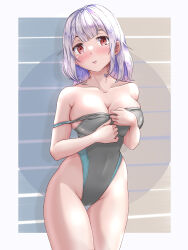 Rule 34 | 1girl, black one-piece swimsuit, breasts, cleavage, clothes pull, commentary request, competition swimsuit, looking at viewer, mashinatsu, medium breasts, multicolored clothes, multicolored swimsuit, one-piece swimsuit, one-piece swimsuit pull, original, purple hair, red eyes, short hair, solo, swimsuit, two-tone swimsuit