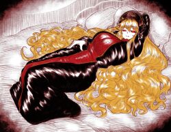 Rule 34 | 1girl, arm up, bed, black dress, blonde hair, breasts, commentary, dress, english commentary, expressionless, full body, gold trim, hair between eyes, half-closed eyes, headdress, highres, huge breasts, junko (touhou), large breasts, long dress, long hair, looking at viewer, lying, mature female, on back, on bed, parted lips, phoenix crown, pillow, red eyes, red tabard, solo, tabard, touhou, user tzdw8852, very long hair
